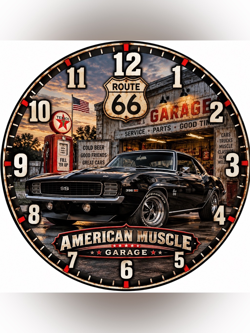 American Muscle Garage Route 66 Black Wall Clock